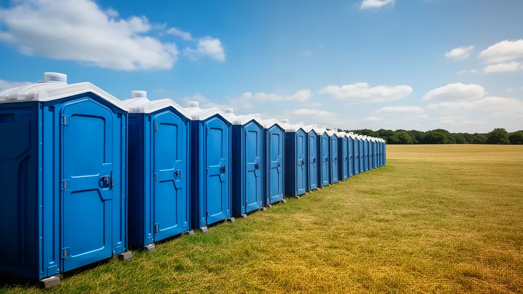 A long row of blue portable toilets with white roofs stretching along the edge of a wide, empty grass field under a blue sky with scattered clouds, with a line of trees in the distance.