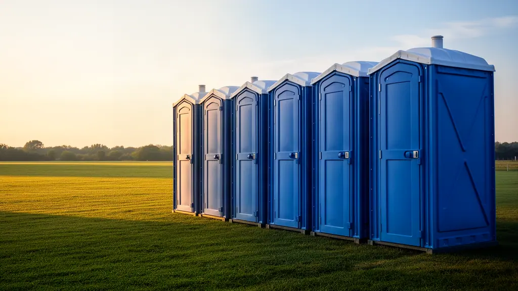 Six blue portable toilets with white roofs and vent pipes standing in a row on a mown lawn at the edge of an open field, lit by low golden-hour sun, with a line of trees on the horizon.
